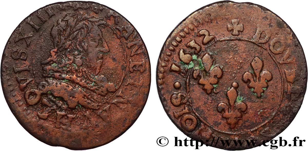 LOUIS XIII Double tournois, type 1 1632 La Rochelle VF