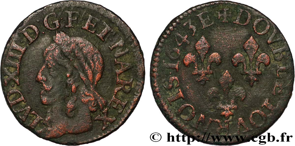 LOUIS XIII  Double tournois, type de Warin 1643 Tours BC