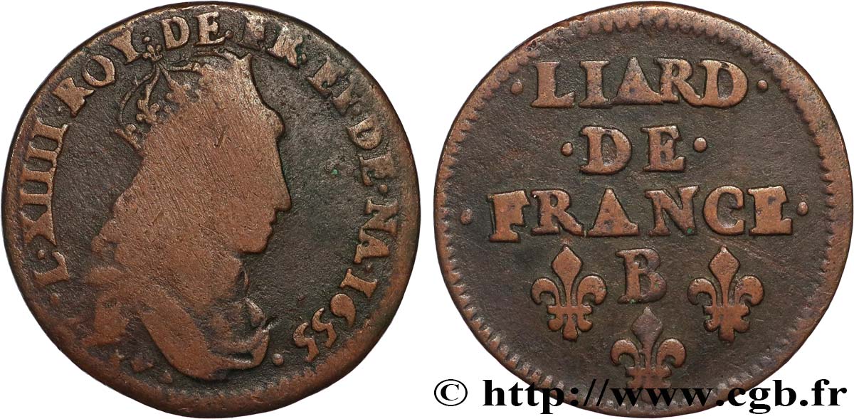 LOUIS XIV LE GRAND OU LE ROI SOLEIL Liard de cuivre, 2e type 1655 Pont-de-l’Arche TB/TB+