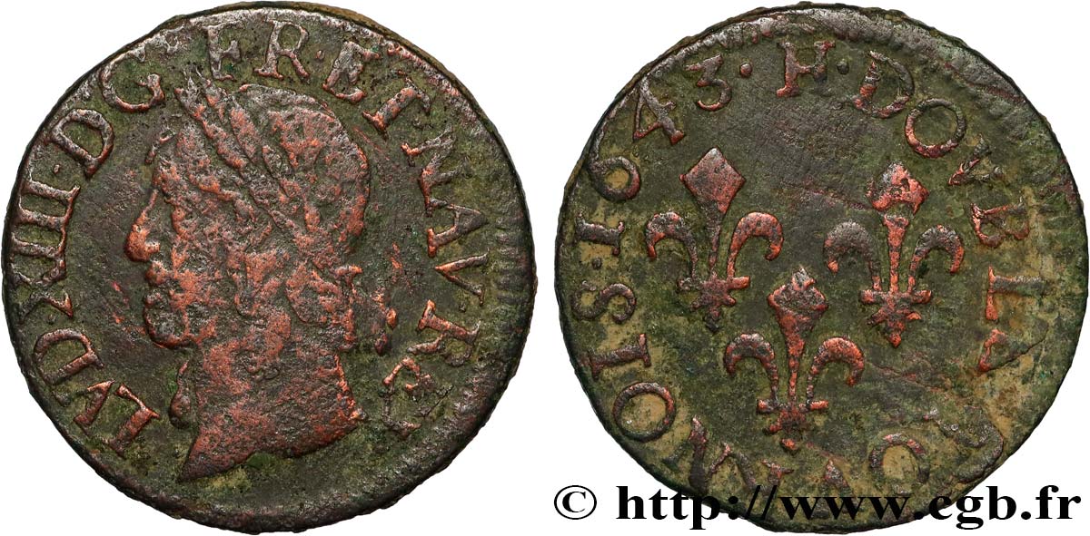 LOUIS XIII Double tournois, type de Warin 1643 La Rochelle VF