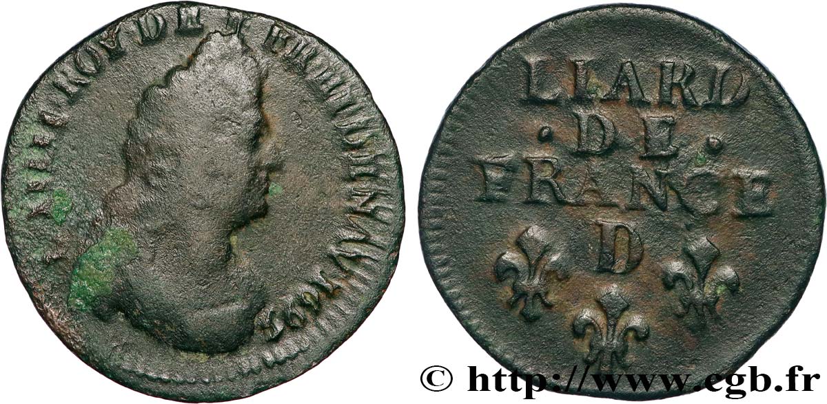 LOUIS XIV LE GRAND OU LE ROI SOLEIL Liard, 3e type, buste âgé 1695 Lyon B/TB