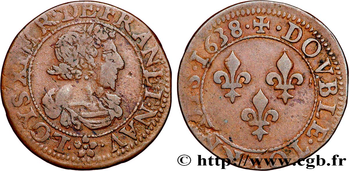 LOUIS XIII  Double tournois 1638 Troyes ? XF