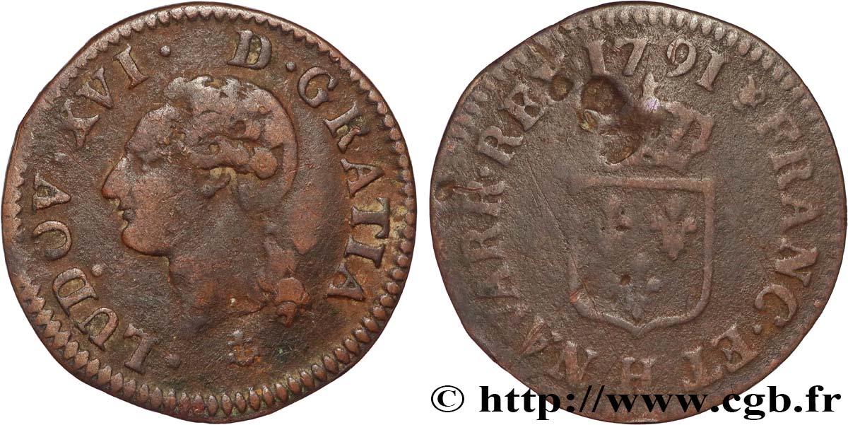 LOUIS XVI Liard dit “à l écu” 1791 La Rochelle TB+