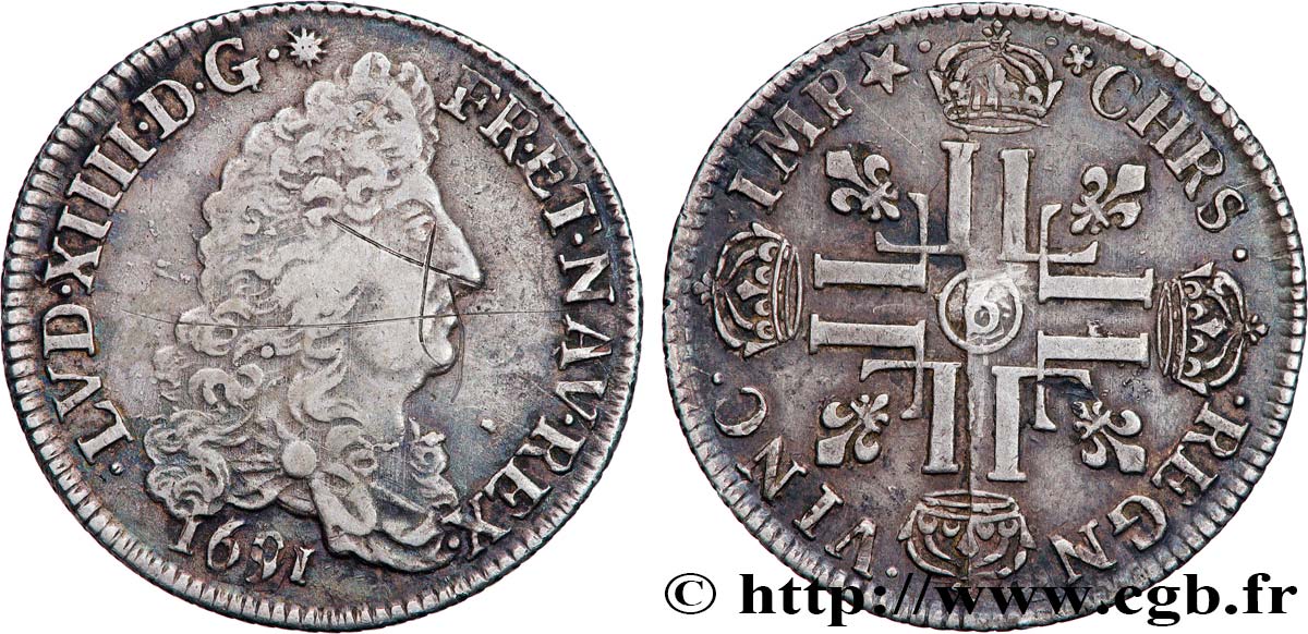 LOUIS XIV LE GRAND OU LE ROI SOLEIL Quart d écu aux huit L, 1er type 1691 Rennes TTB