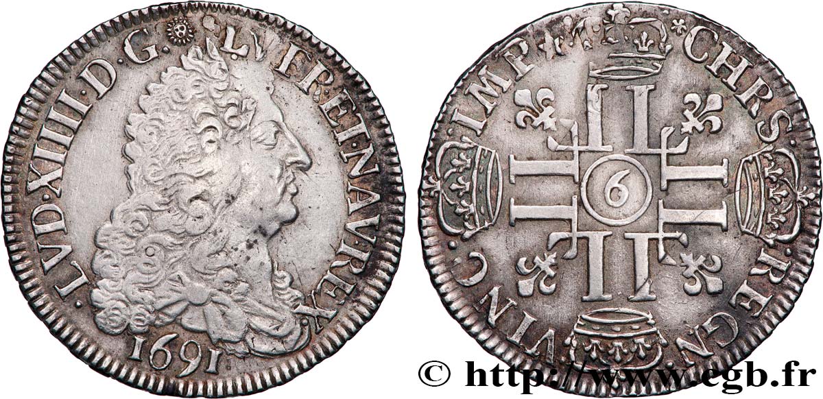 LOUIS XIV  THE SUN KING  Demi-écu aux huit L, 1er type 1691 Rennes fVZ