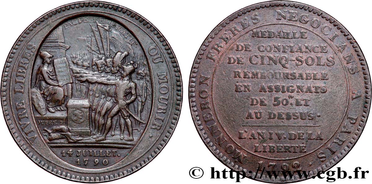 CONFIANCE (MONNAIES DE...) Monneron de 5 sols au serment (An IV), 3e type 1792 Birmingham, Soho TTB+
