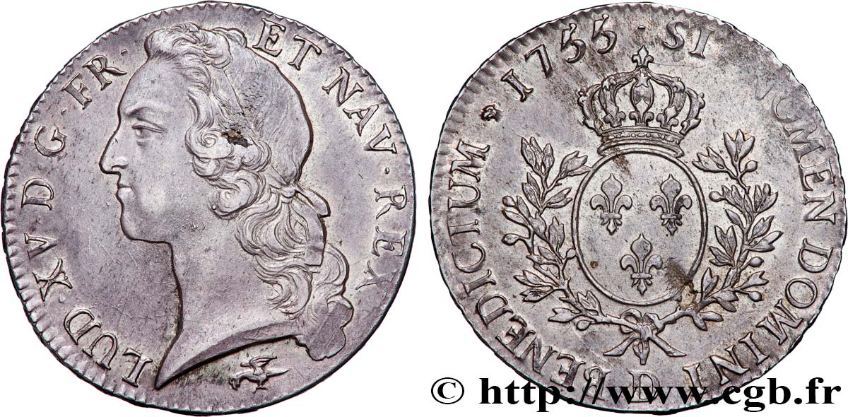 LOUIS XV  THE WELL-BELOVED  Écu aux branches d’olivier, tête ceinte d’un bandeau 1755 Lyon MBC+/EBC