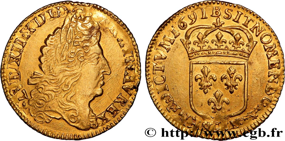 LOUIS XIV LE GRAND OU LE ROI SOLEIL Demi-louis d or à l écu 1691 Rouen TTB+