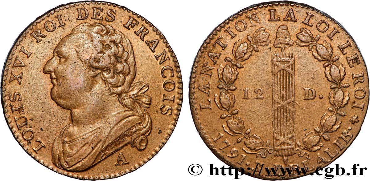 LOUIS XVI 12 deniers dit  au faisceau , type FRANCOIS 1791 Paris, Monnaie du Louvre VZ