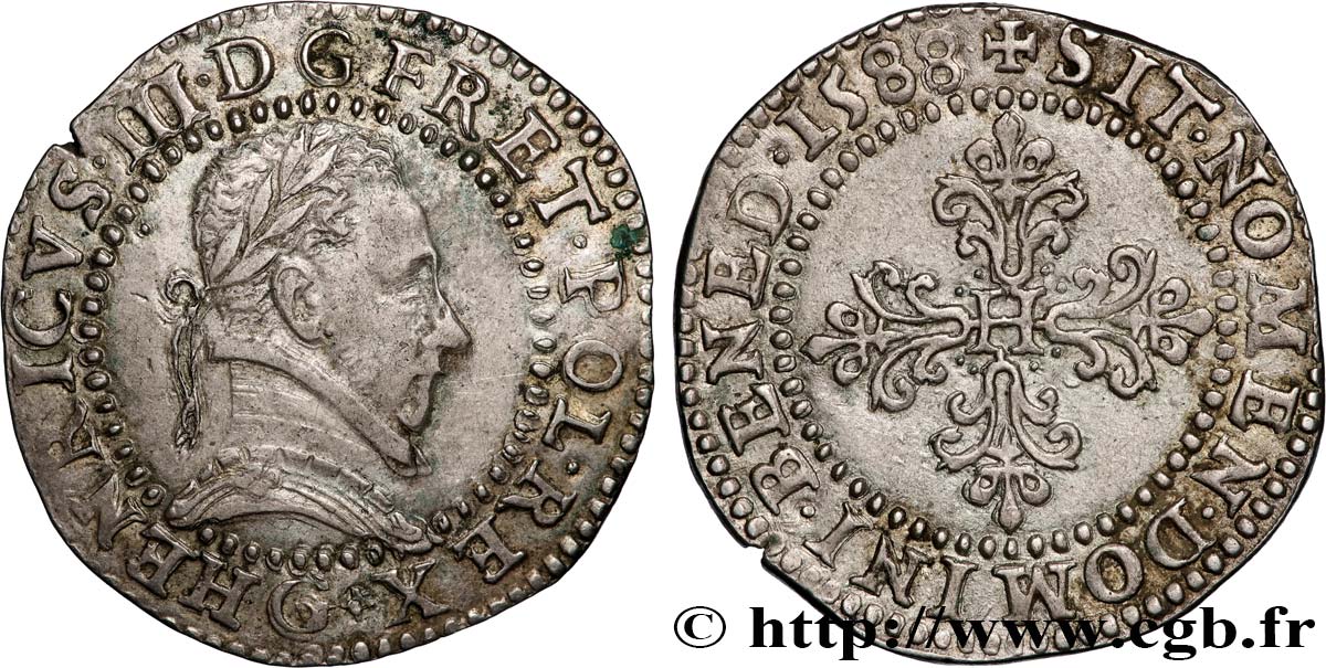 HENRY III Demi-franc au col plat 1588 Poitiers AU/AU