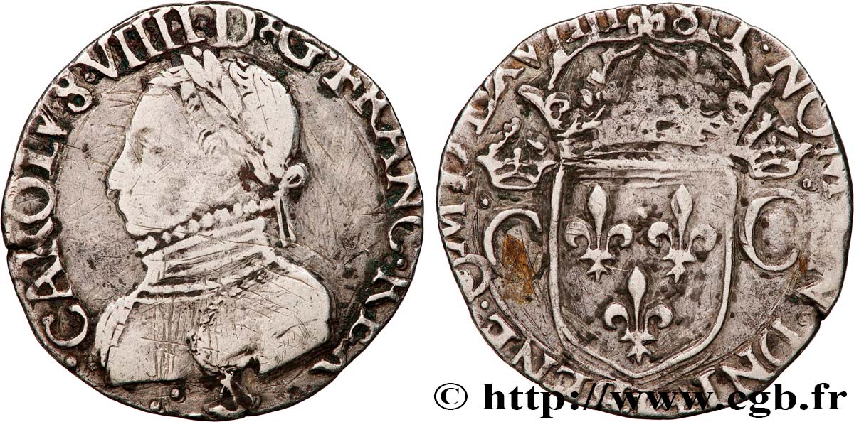 CHARLES IX Demi-teston, 2e type 1569(MDLXVIIII) Bordeaux VF