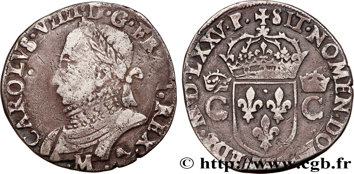 HENRY III. COINAGE IN THE NAME OF CHARLES IX Teston, 10e type 1575 (MDLXXV) Toulouse VF