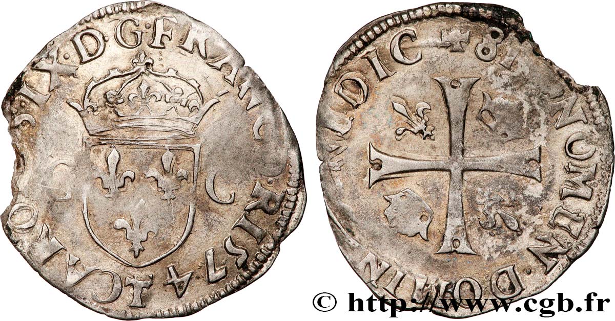 CHARLES IX Douzain aux deux C, 1er type 1574 Nantes BC+