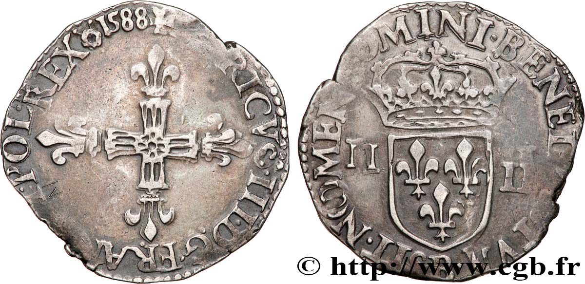 HENRI III Quart d écu, croix de face 1588 Rouen TTB