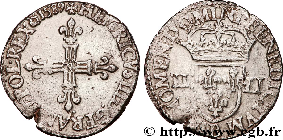 HENRY III Quart d écu, croix de face 1589 Rouen SS