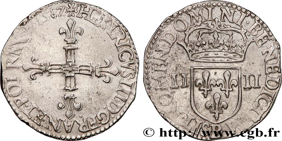 HENRI III Quart d écu, croix de face 1587 Rouen TTB