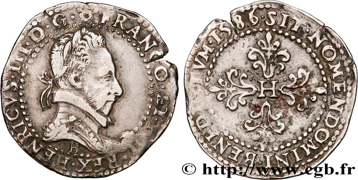 HENRY III Demi-franc au col plat 1586 Rouen MBC