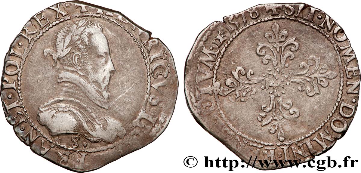 HENRY III Demi-franc au col plat 1578 Troyes BC+