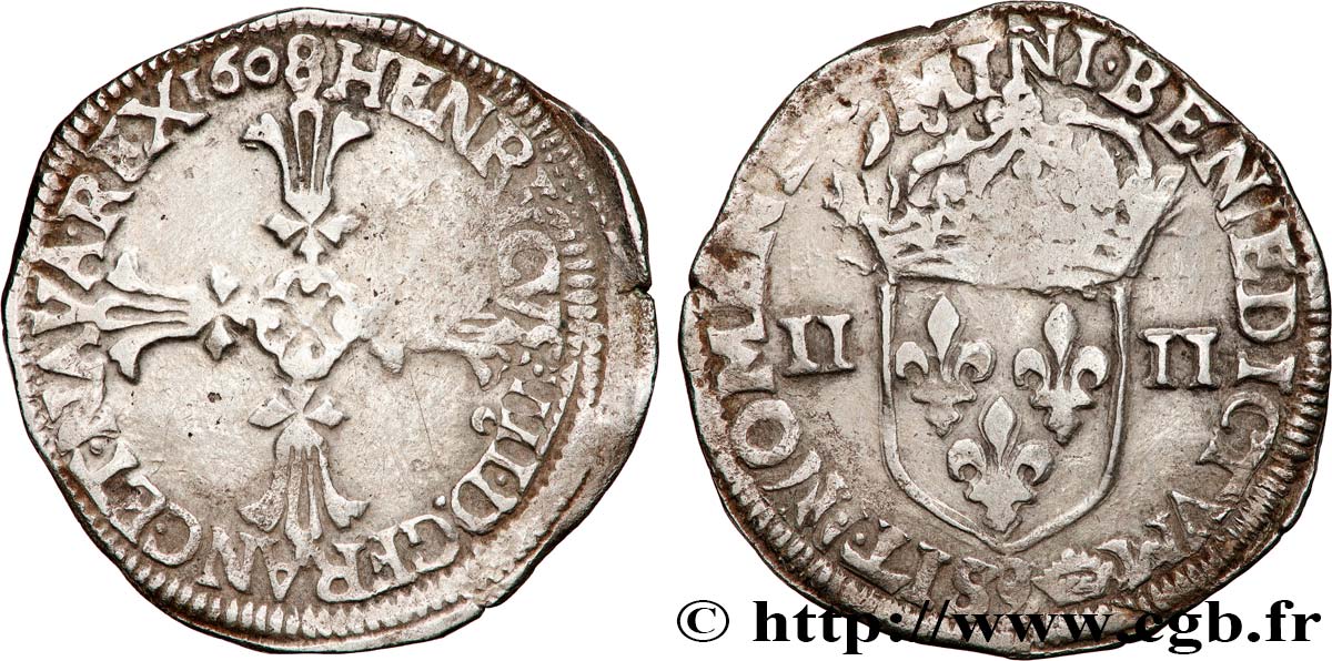 HENRY IV Quart d écu, croix feuillue de face 1608 Rennes fSS