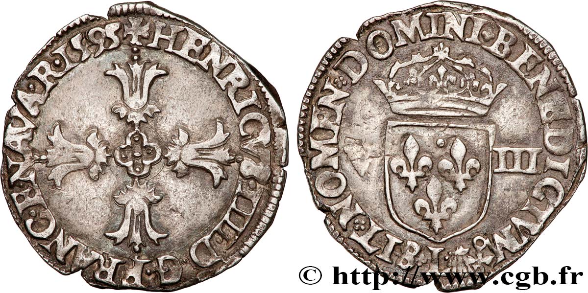 HENRY IV Huitième d écu, croix feuillue de face 1595 Bayonne BB