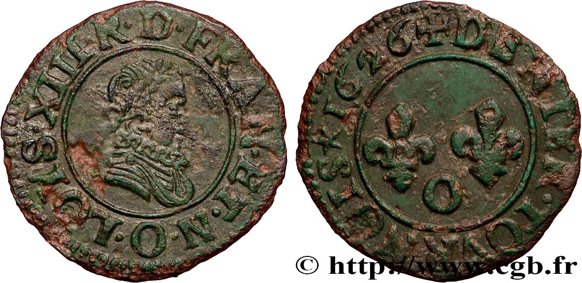 LOUIS XIII  Denier tournois, type 2 de Riom (col fraisé) 1626 Riom SS/fSS