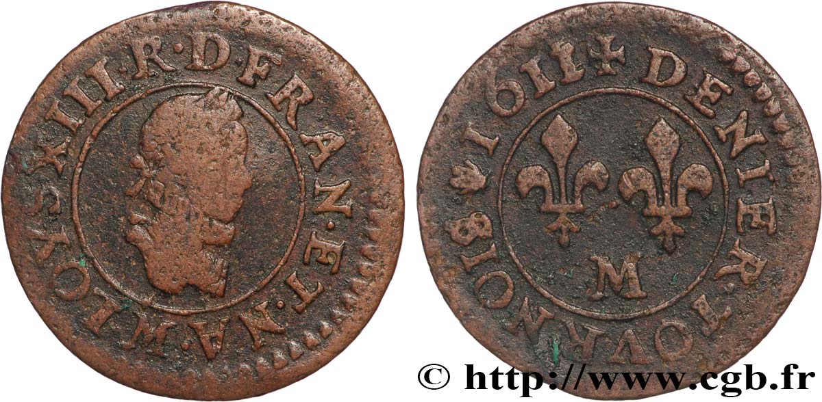 LOUIS XIII Denier tournois 1611 Toulouse VF/VF