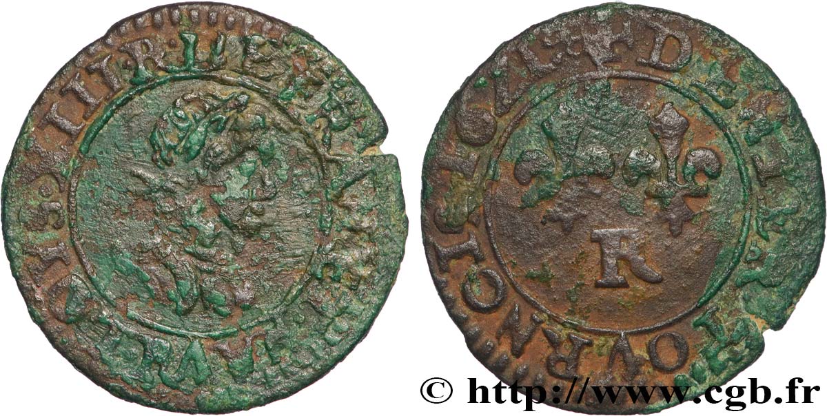 LOUIS XIII  Denier tournois au col plat, type 2 de Villeneuve 1621 Saint-André de Villeneuve-lès-Avignon BC+