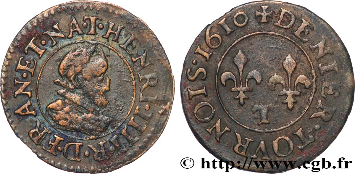 HENRY IV Denier tournois 1610 Nantes VF/XF