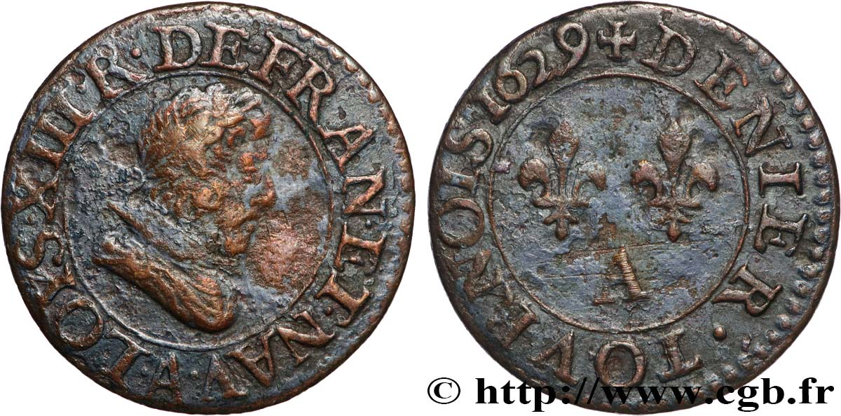 LOUIS XIII Denier tournois, type 3 1629 Paris bry_911881 Royal coins