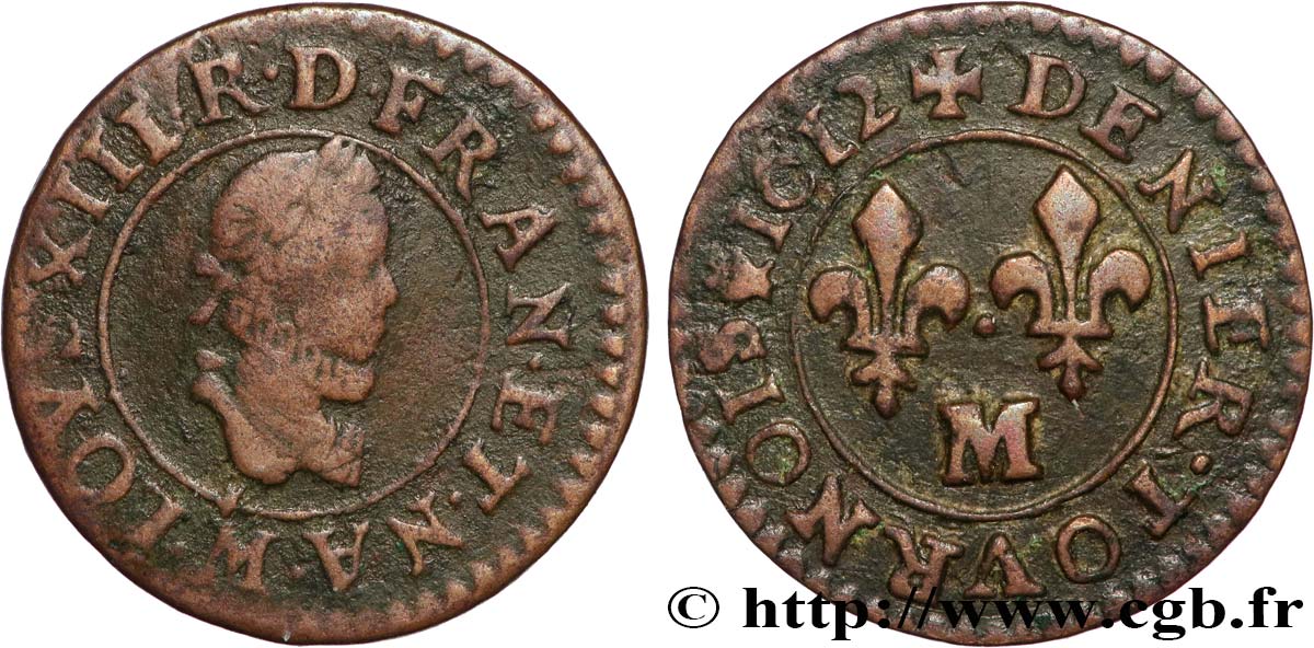 LOUIS XIII  Denier tournois 1612 Toulouse MBC/MBC+