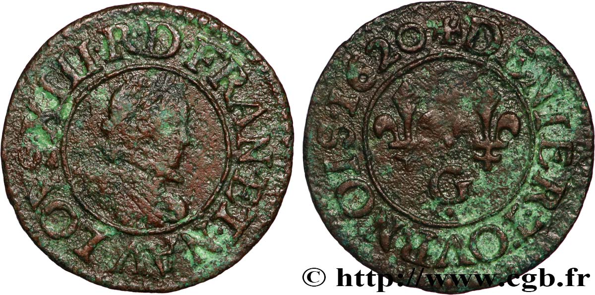 LOUIS XIII Denier tournois, type 1 de Poitiers, buste A 1620 Poitiers XF