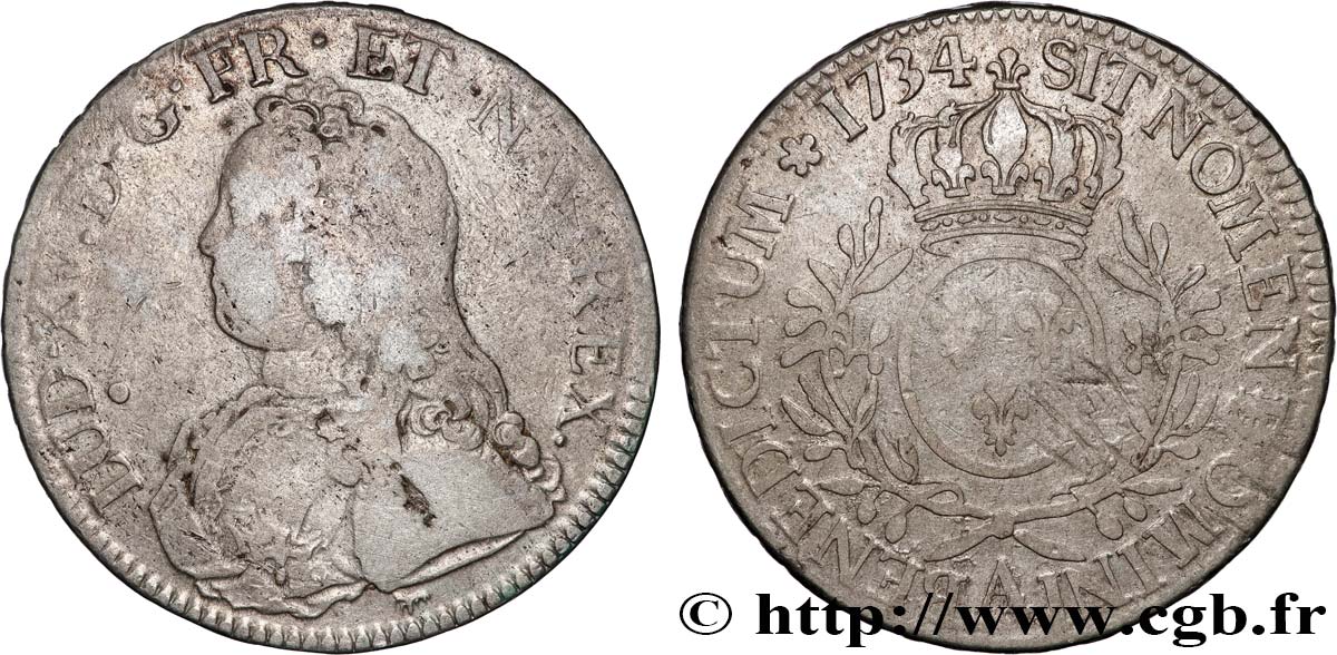 LOUIS XV DIT LE BIEN AIMÉ Écu aux branches d&nbsp;olivier, buste habillé 1734 Paris TB+