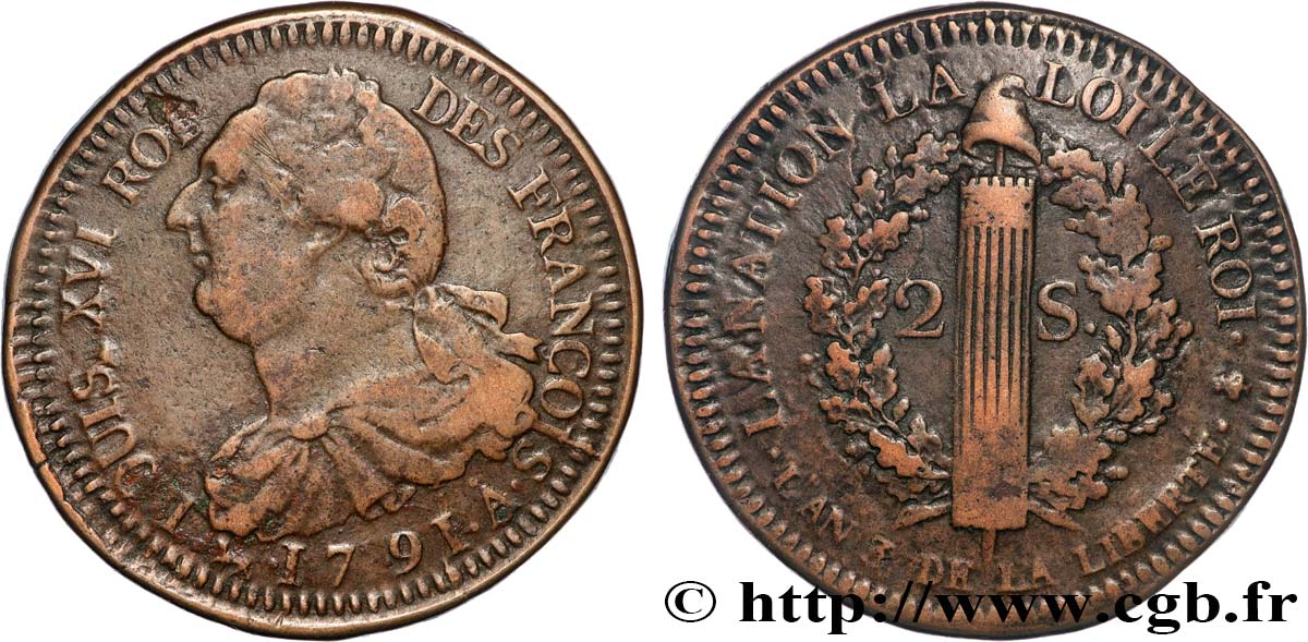 LOUIS XVI 2 sols dit  au faisceau , type FRANÇOIS 1791 Paris BB