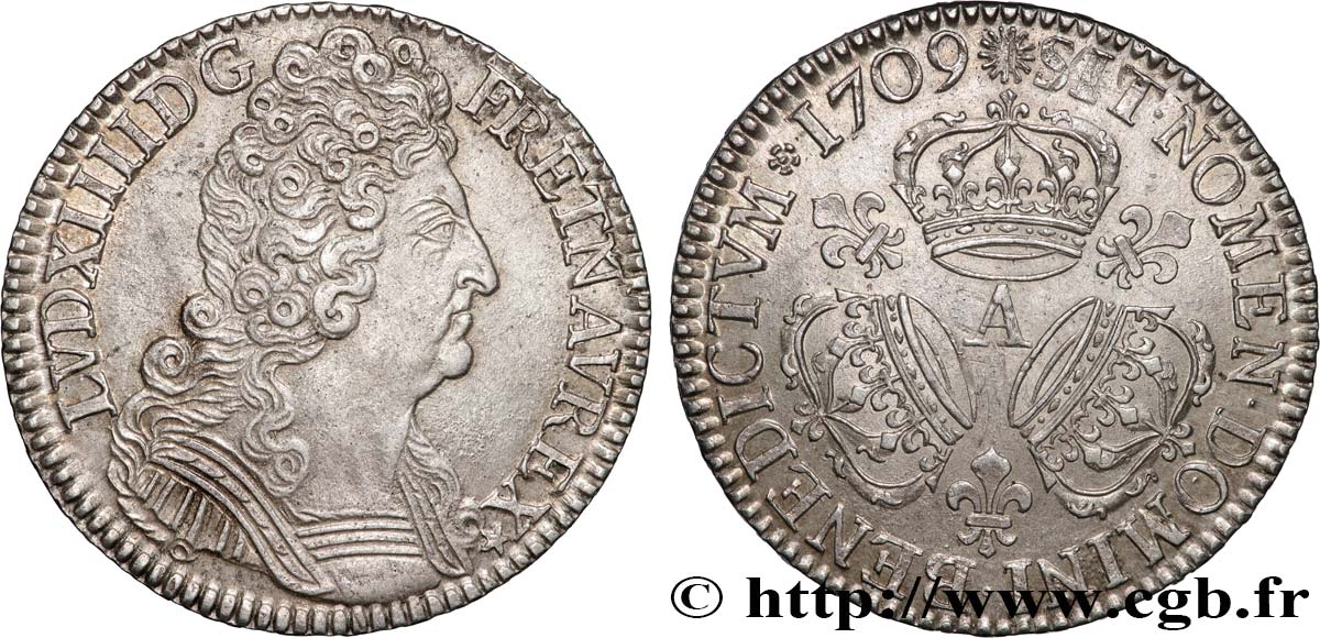 LOUIS XIV  THE SUN KING  Demi-écu aux trois couronnes 1709 Paris EBC