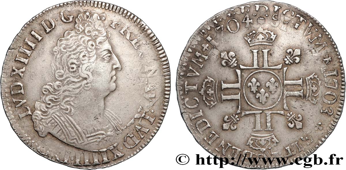 LOUIS XIV  THE SUN KING  Demi-écu aux huit L 1704 Rouen BB