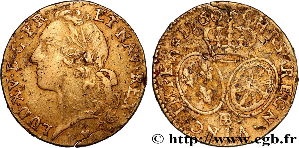 LOUIS XV  THE WELL-BELOVED  Louis d’or aux écus ovales, tête ceinte d’un bandeau 1760 Strasbourg BC+