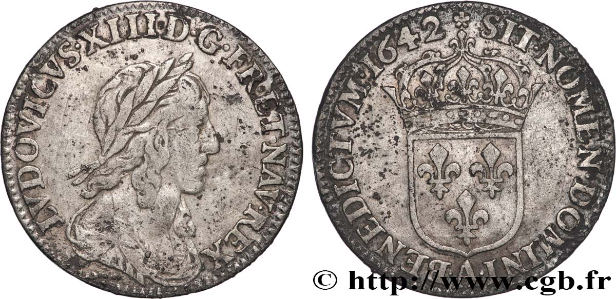 LOUIS XIII LE JUSTE Douzième d écu, buste drapé et cuirassé (2e buste de Jean Warin) 1642 Paris, Monnaie de Matignon TB+/TTB