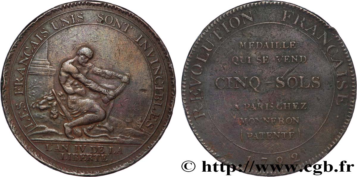 REVOLUTION COINAGE Monneron de 5 sols à l Hercule, frappe monnaie 1792 Birmingham, Soho VF
