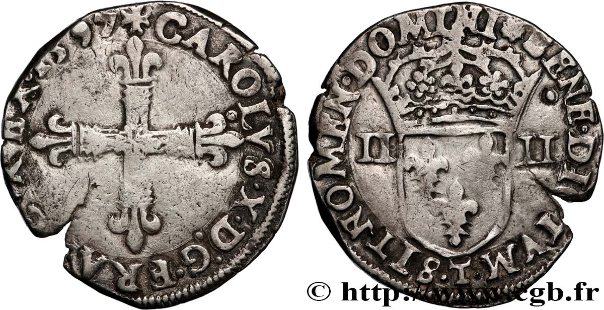 CHARLES X, CARDINAL OF BOURBON Quart d écu, croix de face 1597 Nantes VF/VF