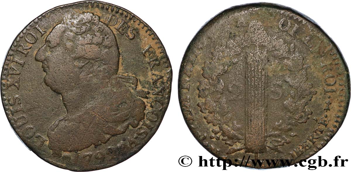 LOUIS XVI 2 sols dit  au faisceau , type FRANÇOIS 1792 Metz VF