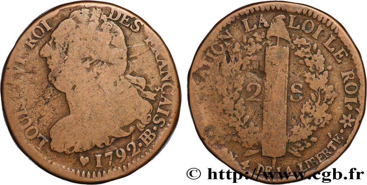 LOUIS XVI 2 sols dit  au faisceau , type FRANÇAIS 1792 Strasbourg BC