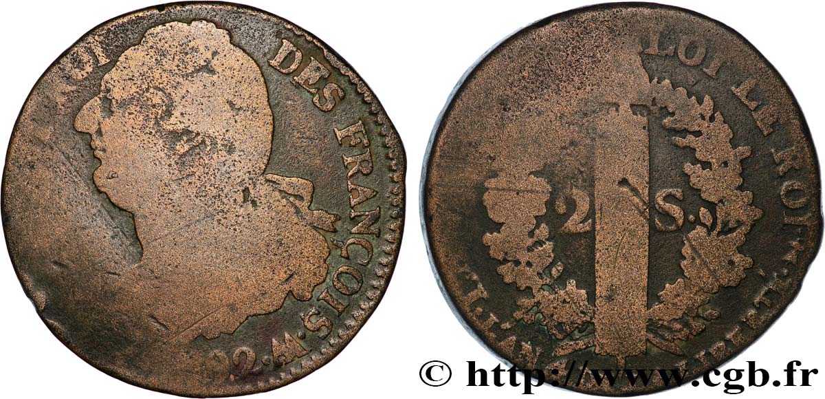 LOUIS XVI 2 sols dit  au faisceau , type FRANÇOIS 1792 Metz fS