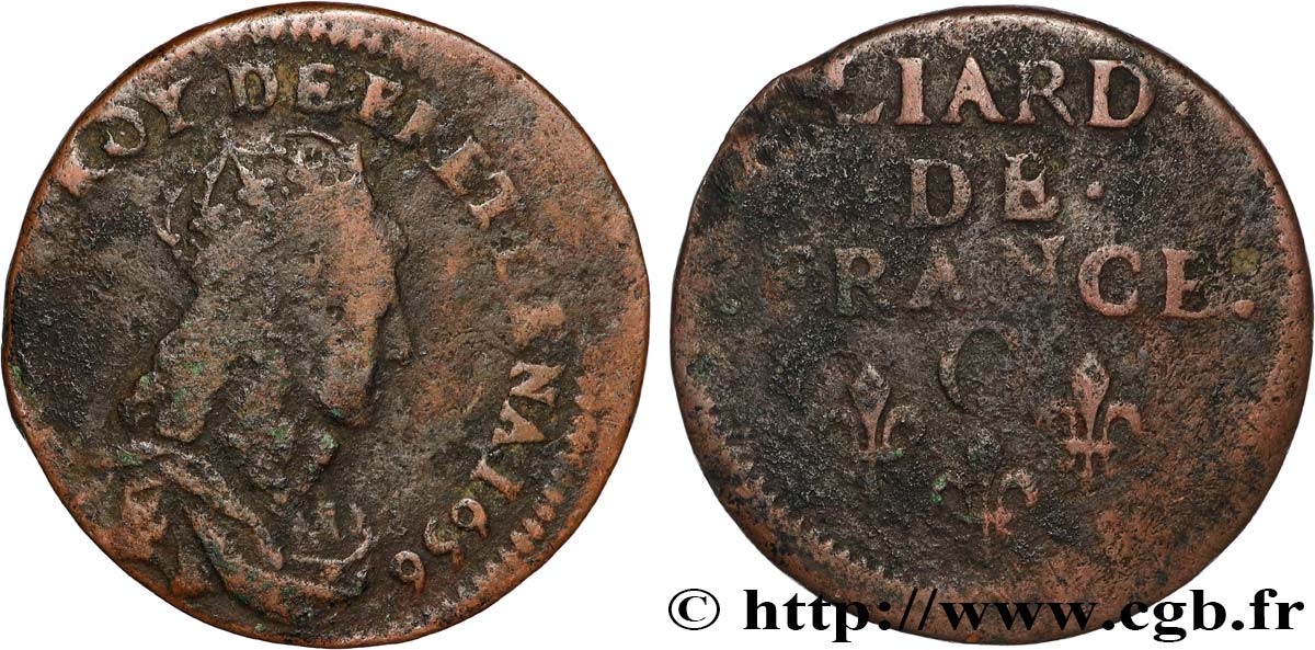 LOUIS XIV  THE SUN KING  Liard de cuivre, 2e type 1656 Caen BC