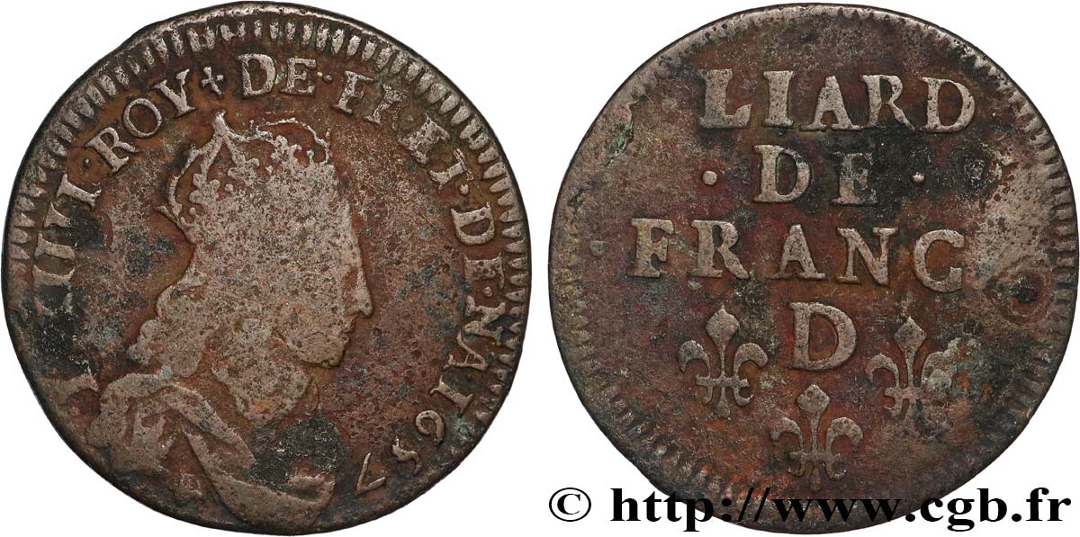 LOUIS XIV  THE SUN KING  Liard de cuivre, 2e type 1657 Vimy-en-Lyonnais (actuellement Neuville-sur-Saône) BC+