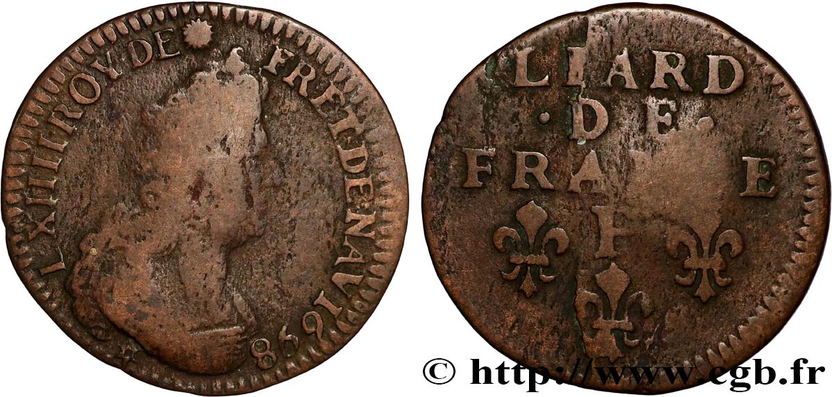 LOUIS XIV  THE SUN KING  Liard, 3e type, buste âgé 1698 Dijon q.BB