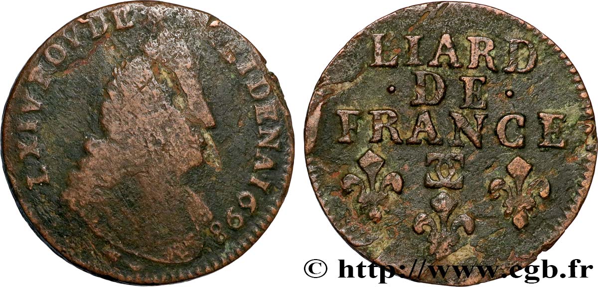 LOUIS XIV  THE SUN KING  Liard, 3e type, buste âgé 1698 Besançon MB/q.BB