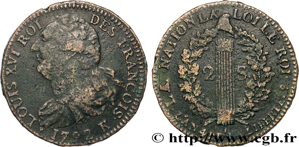 LOUIS XVI (MONARQUE CONSTITUTIONNEL)  2 sols dit  au faisceau , type FRANÇOIS 1792 Bordeaux TB+