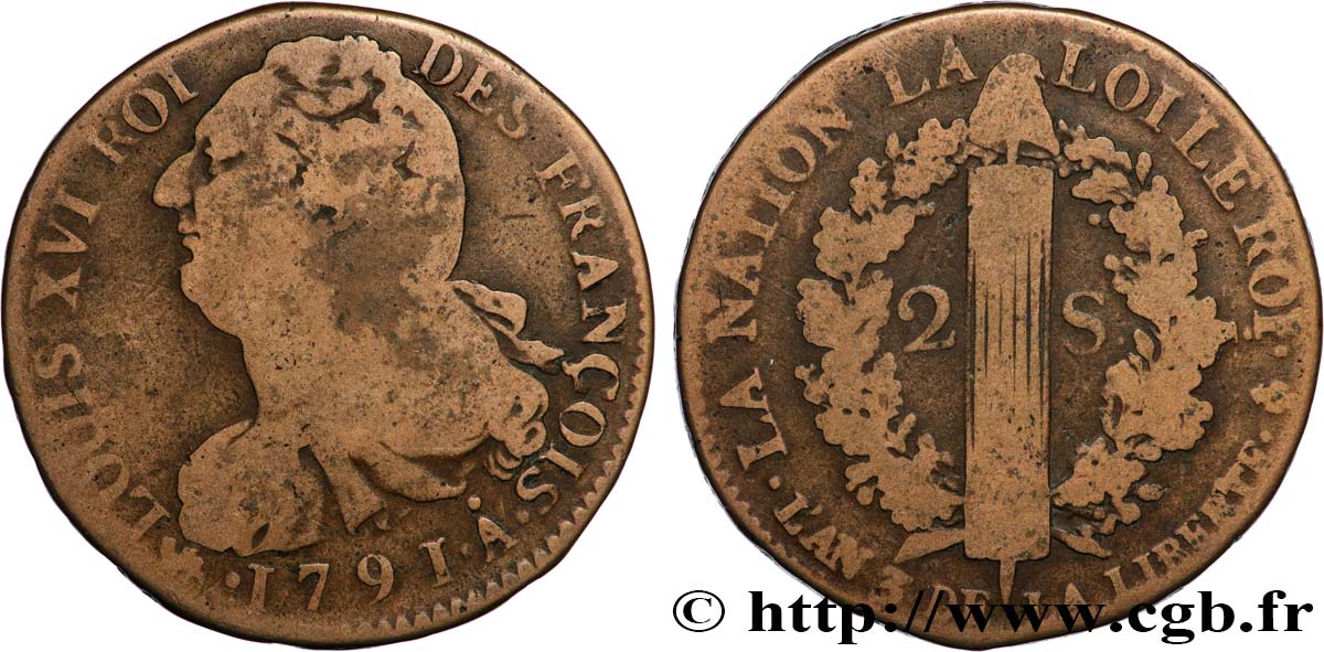 LOUIS XVI 2 sols dit  au faisceau , type FRANÇOIS 1791 Paris fSS