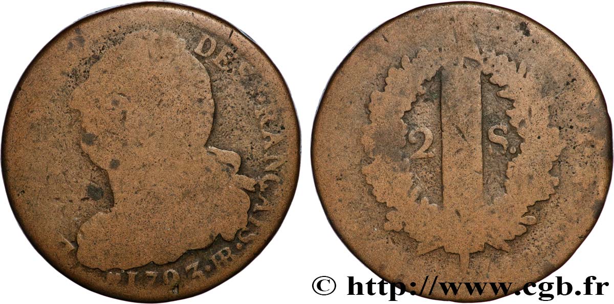 LOUIS XVI 2 sols dit  au faisceau , type FRANÇAIS 1793 Strasbourg RC+