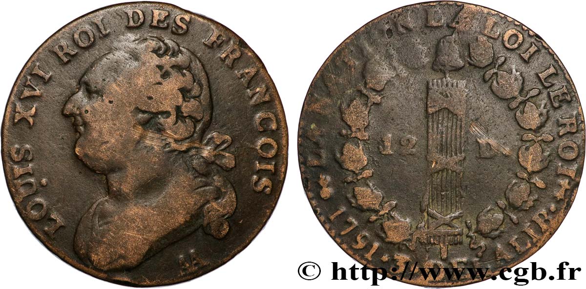 LOUIS XVI 12 deniers dit  au faisceau , type FRANCOIS 1791 Metz VF